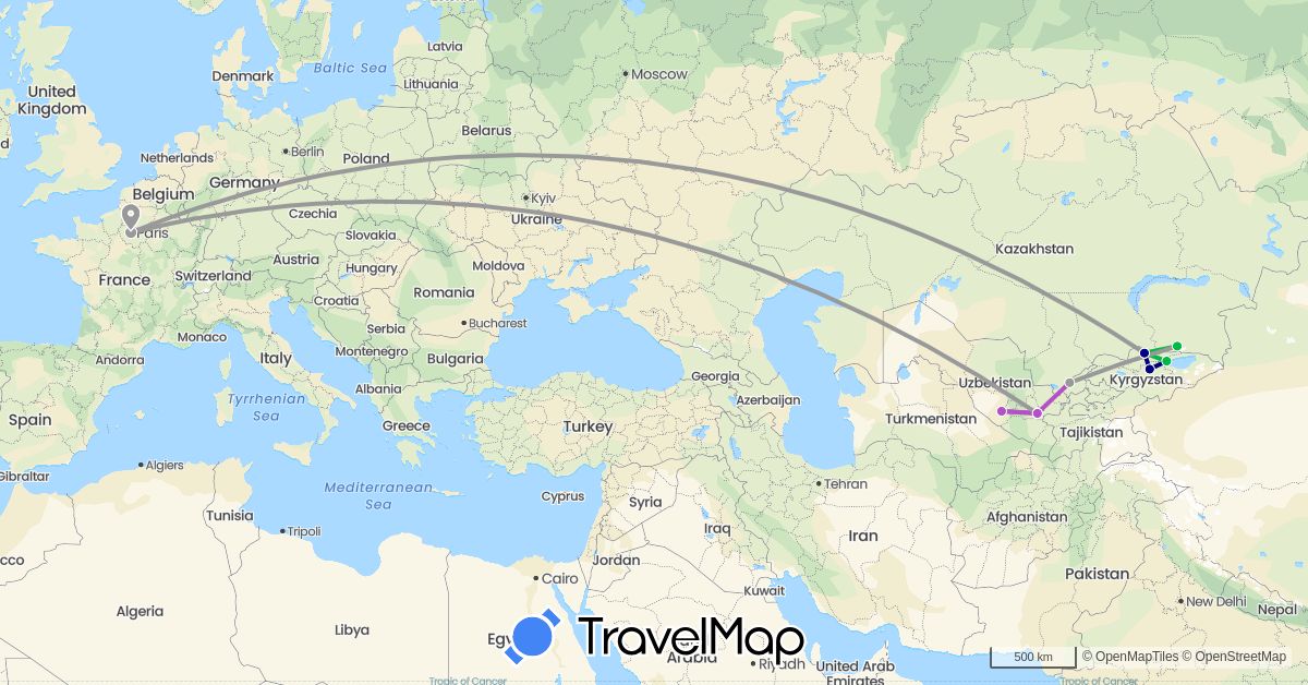 TravelMap itinerary: driving, bus, plane, train in France, Kyrgyzstan, Kazakhstan, Uzbekistan (Asia, Europe)